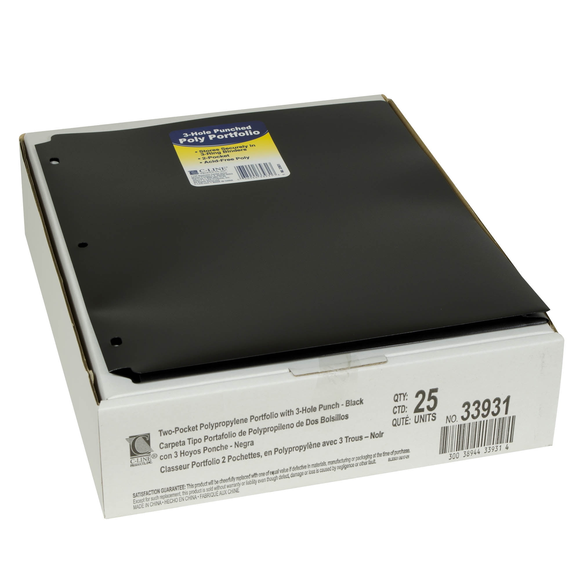 C-Line Two-Pocket Heavyweight Poly Portfolio Folder with Three-Hole Punch, Black, Pack of 25