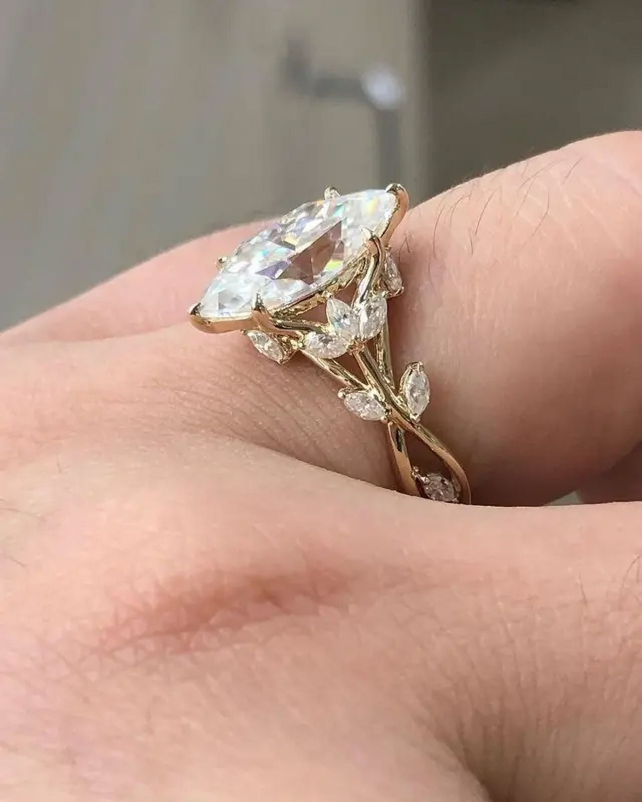 2.60 Carat Marquise Moissanite Floral Bridal Engagement Ring in 14K Yellow Gold