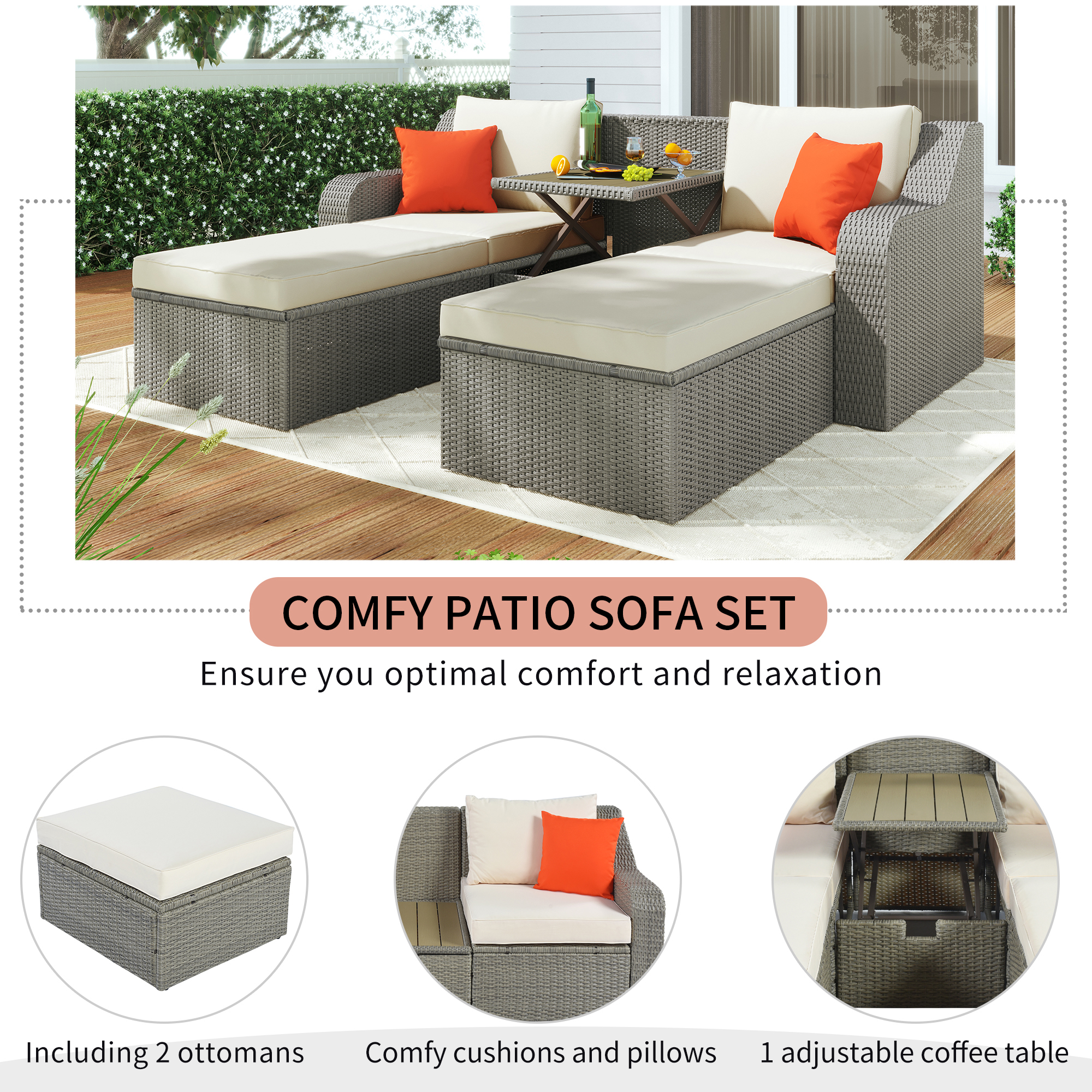 Gray Wicker Patio Seating Sets, SESSLIFE 3-Piece Outdoor Sectional Sofa Set with Loveseat and Soft Cushions, All-Weather Outdoor Table and Chairs Set - image 4 of 9