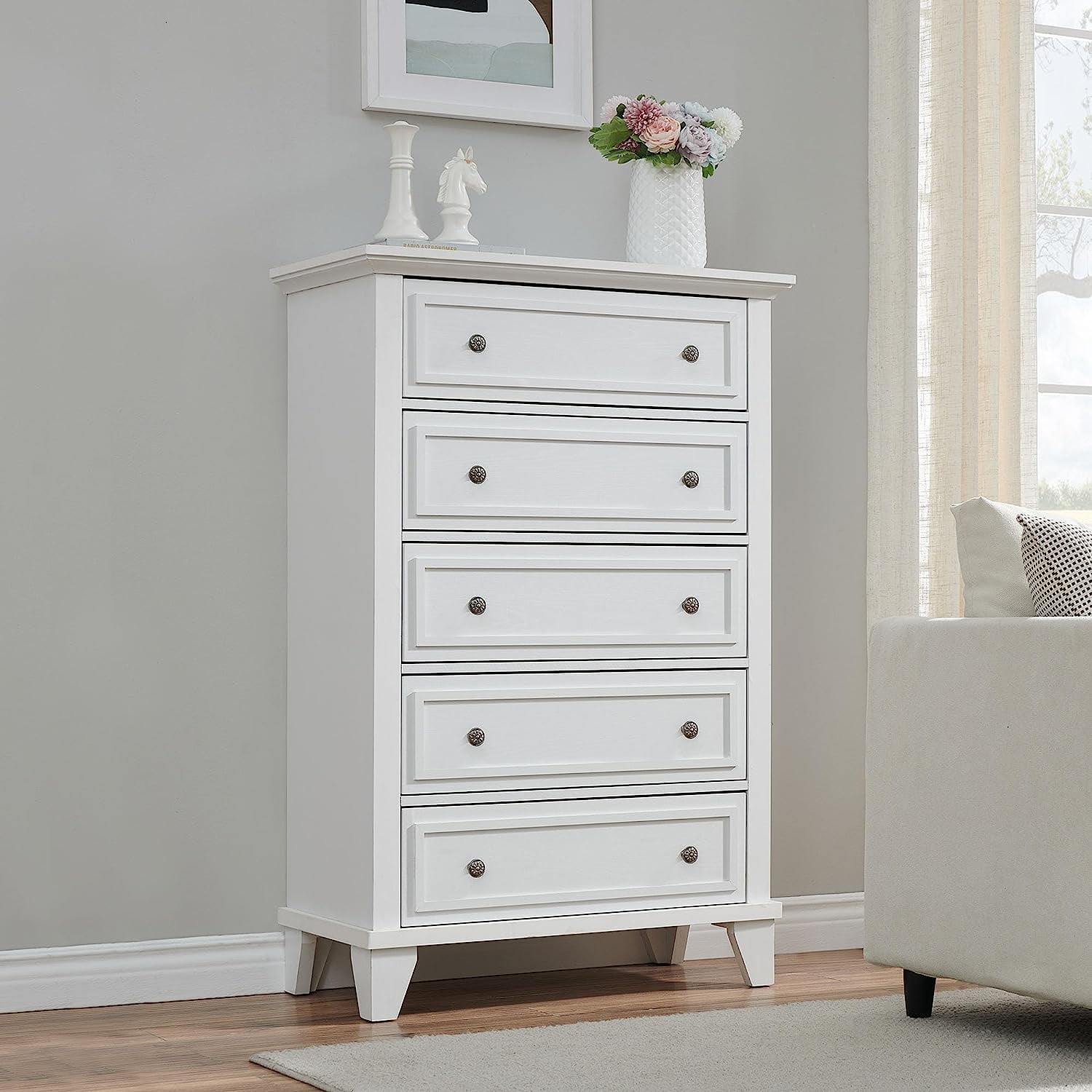 White 5-Drawer Wood Dresser with Metal Handles