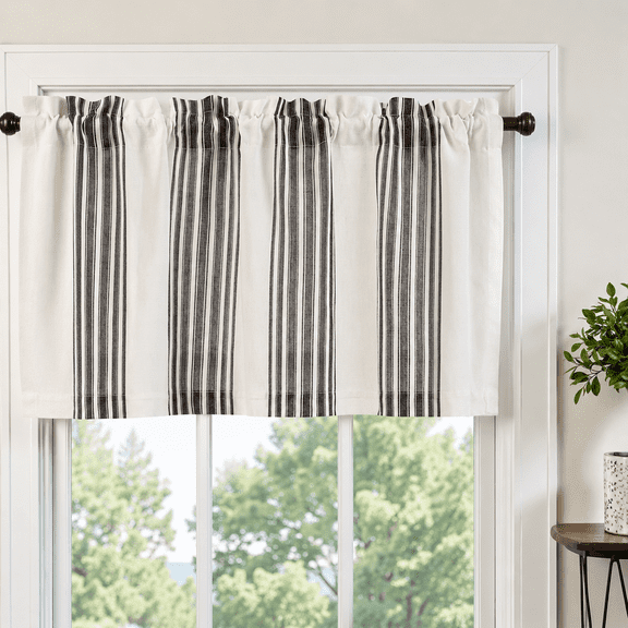 Linen Balanced Stripe Valances For Window 16 In Black Grey 1 Panel | Light Filtering Rod Pocket Modern Farmhouse Valance Curtain