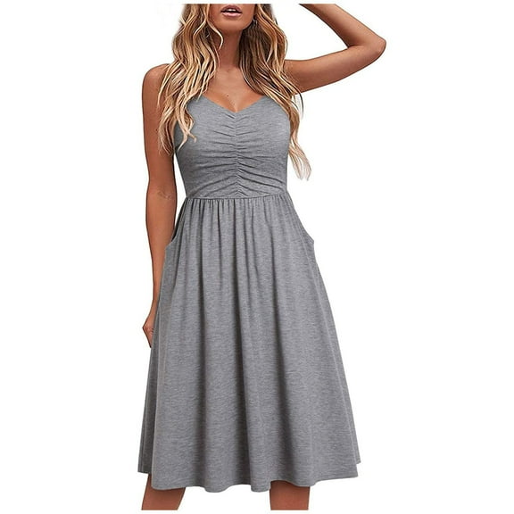 Babysbule Womens Summer Dresses, Women Fashion Summer Seaside Sling Sleeveless V-Neck Solid Color Casual Dress