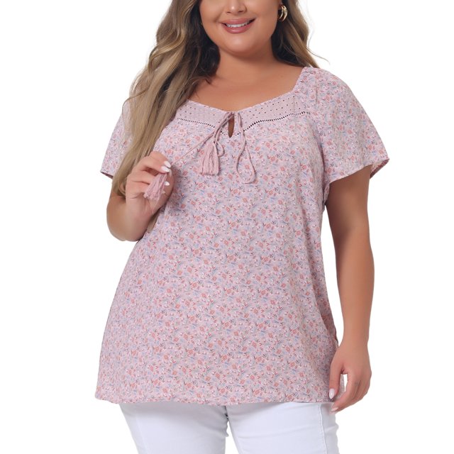Agnes Orinda Blusas de Verano Casual de Manga Corta con Estampado Floral para Mujer de Talla Grande Cuello de Lazo Hueco 1X Púrpura Claro