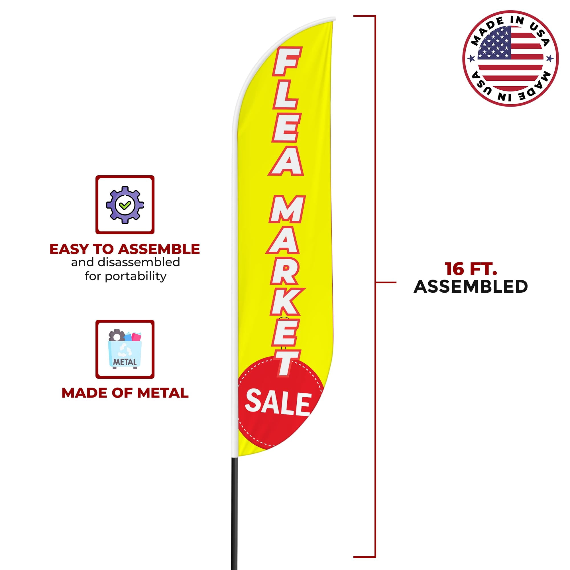 Flea Market Sign feather flag for Outdoor by Mavis Printing | 11.5 FEET Long Polyester Outdoor Banner Flag for Easy Hang | HD Print Swooper I Flag Only to Advertise Flea Market Business I Flag Only