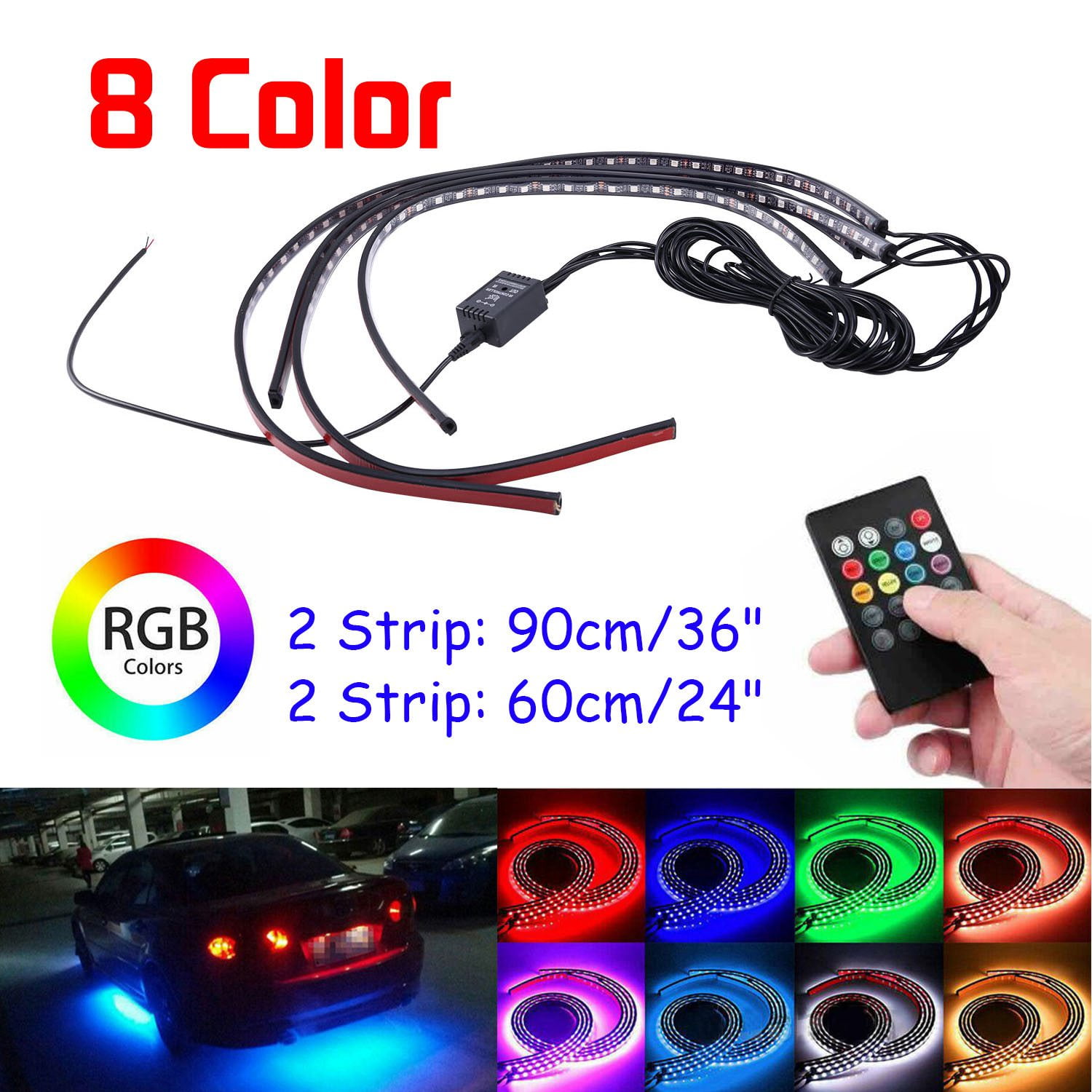 4Pcs 8 Colors Multicolor RGB IR Remote LED Strip Under Car Tube Underglow Music Sound Active