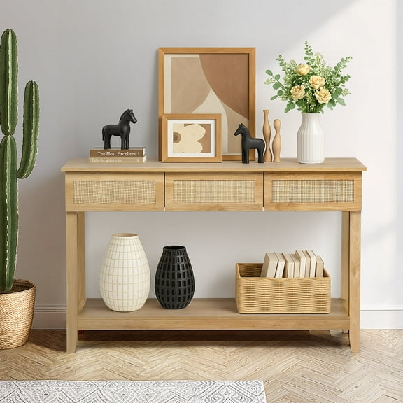 Enyopro Boho Rattan Console Table with 3 Drawers & Bottom Shelf, Narrow Long Entryway Table, Behind Couch Table, Hallway Foyer Accent Furniture, Natural Wood