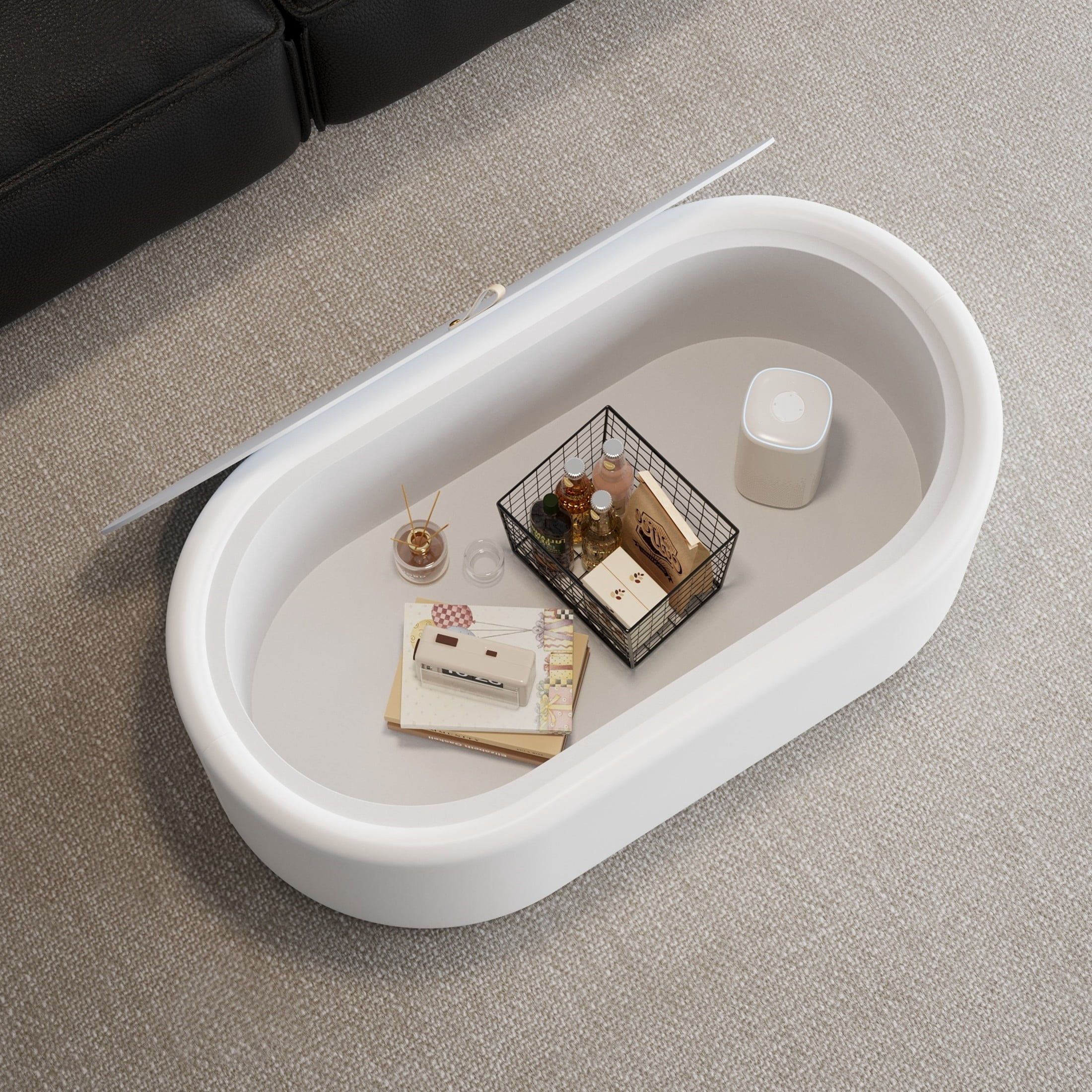 Noble House Morade 33.5" Fluted Curved Rectangle Storage Coffee Table with Glass Top & Leather Wrapped for Living Room, White