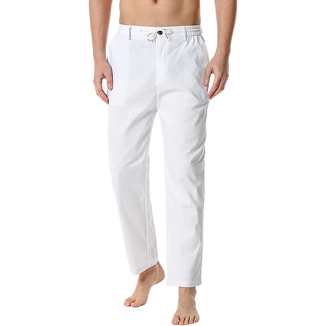 Pantalones casuales de lino para hombre, de verano, color sólido, sueltos, elásticos, con cordón, para playa, yoga, pantalones de golf blanco CH blanco CH Xishao ropa