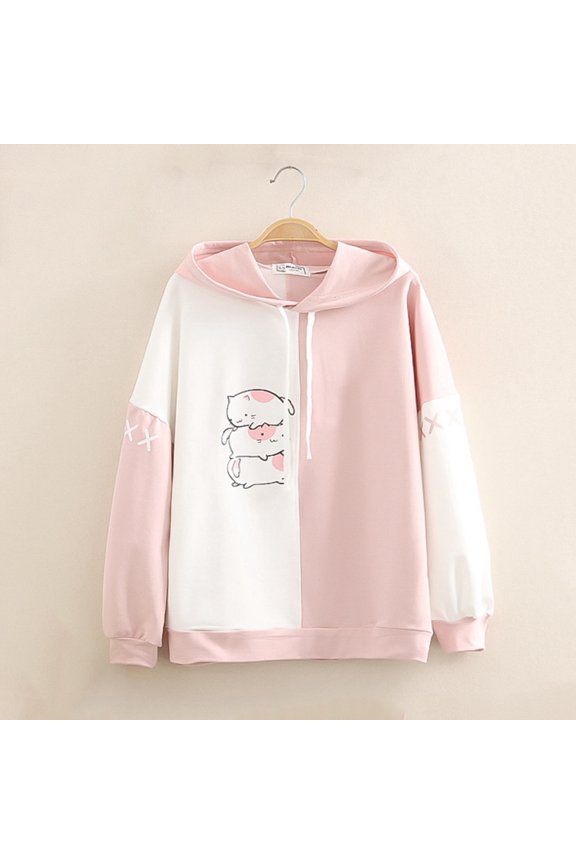 Pink Sweatshirt for Women Fashion Women Casual Print Long Sleeve Splice Patchwork Sweatshirt Tops Women Fall Clothes