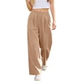 thumbnail image 3 of Women's Plus Size Linen Cotton Wide Leg Pants, High Waisted Pleated Draped Trousers, Breathable Loose Fit Casual Palazzo Pants for Resort and Vacation Khaki XXL, 3 of 6