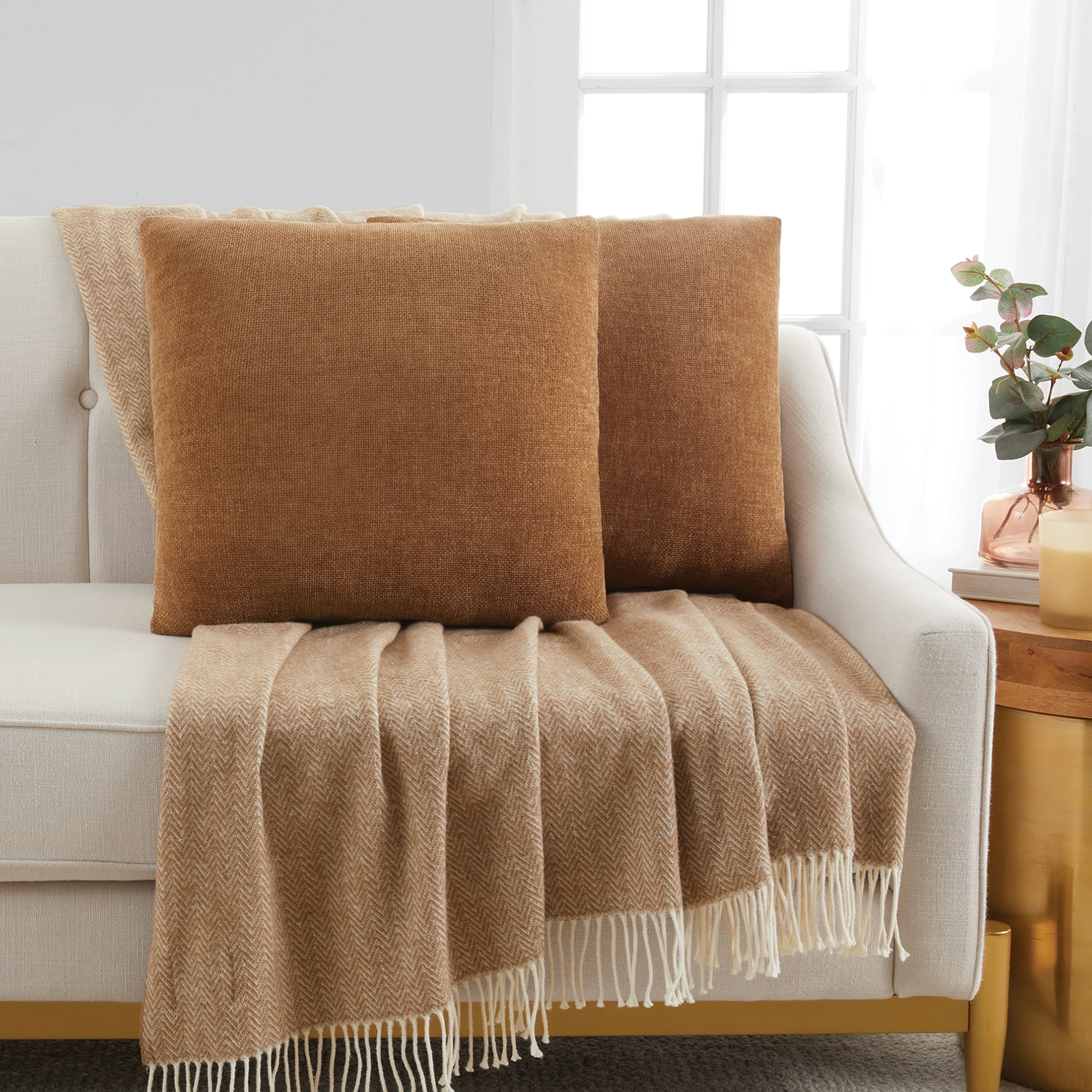 Mainstays Solid Chenille Decorative Pillow Set, Brown, 18" x 18", 2 Pieces
