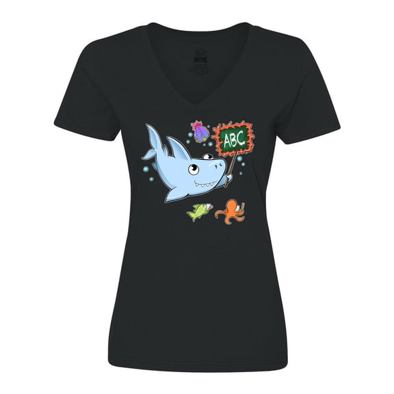 Inktastic Teacher Shark with School of Fish Women's V-Neck T-Shirt