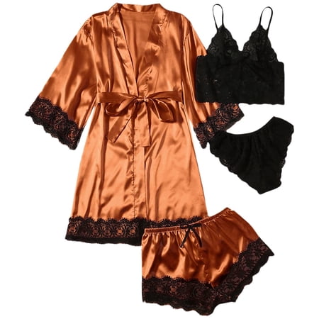 

SOLY HUX Women s Satin Pajama Set 4pcs Floral Lace Trim Cami Lingerie Sleepwear with Robe