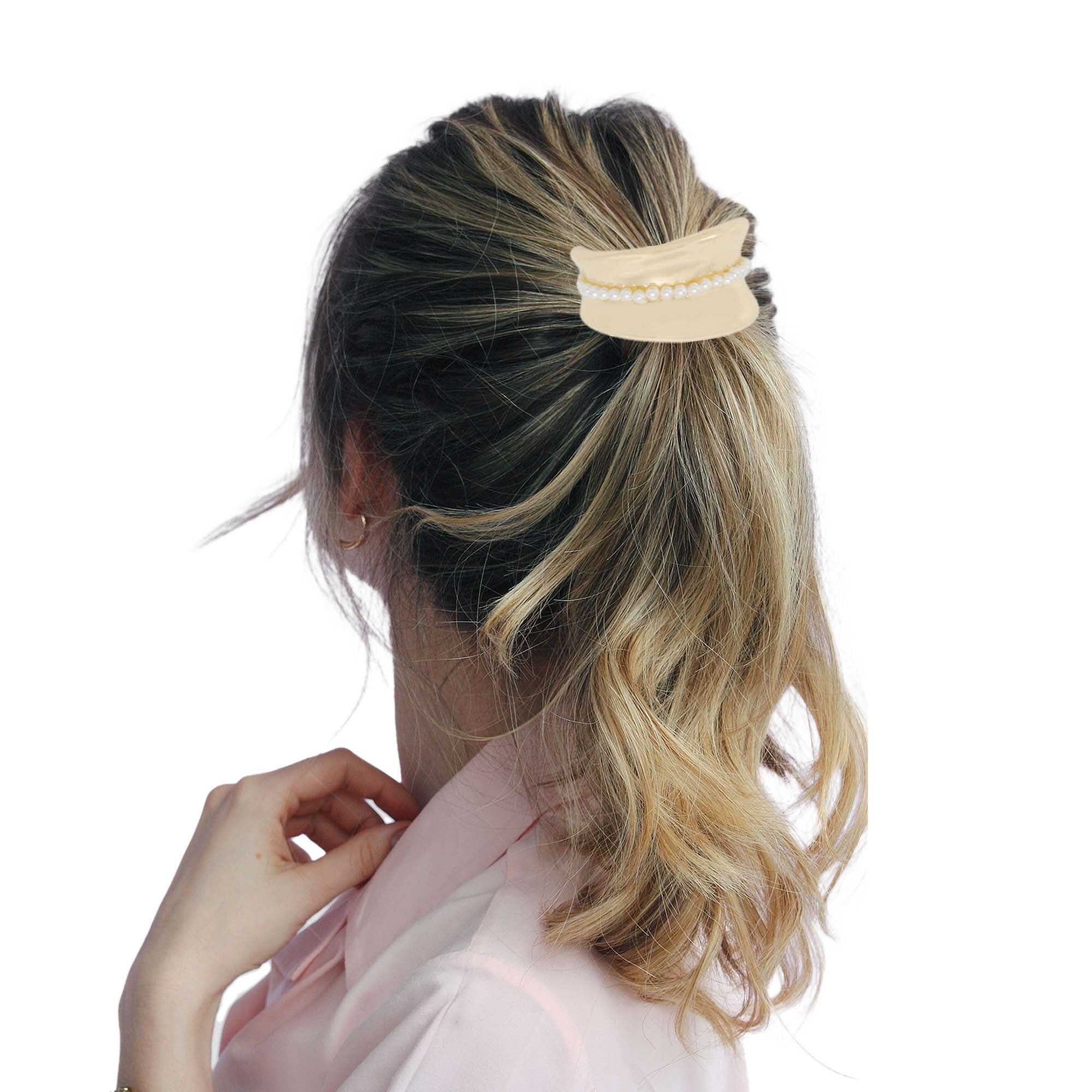 Unique Bargains Glossy Faux Pearl Ponytail Buckle Hair Clip for Women Gold Tone