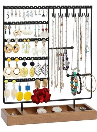 Rustic-Style 2-Tier Jewelry Organizer Stand, Wooden T-Bar Necklace Rack and Bracelet  Holder Display for Selling, Bangle, Watch Tower, Rings, Earrings Storage  (8x4x9 In)