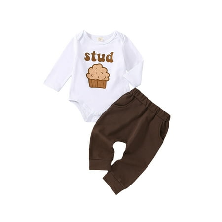 

Binwwede Baby Boys Autumn Outfit Sets White Long Sleeve Muffin Print Romper + Solid Color Pants