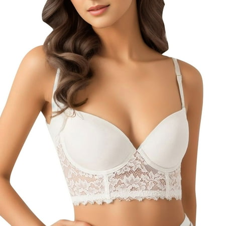 Women Push-Up Minimizer Bra-French Lace U-Back Backless Design Seamless Thin Cup Solid Color Underwear Color White Size 90C