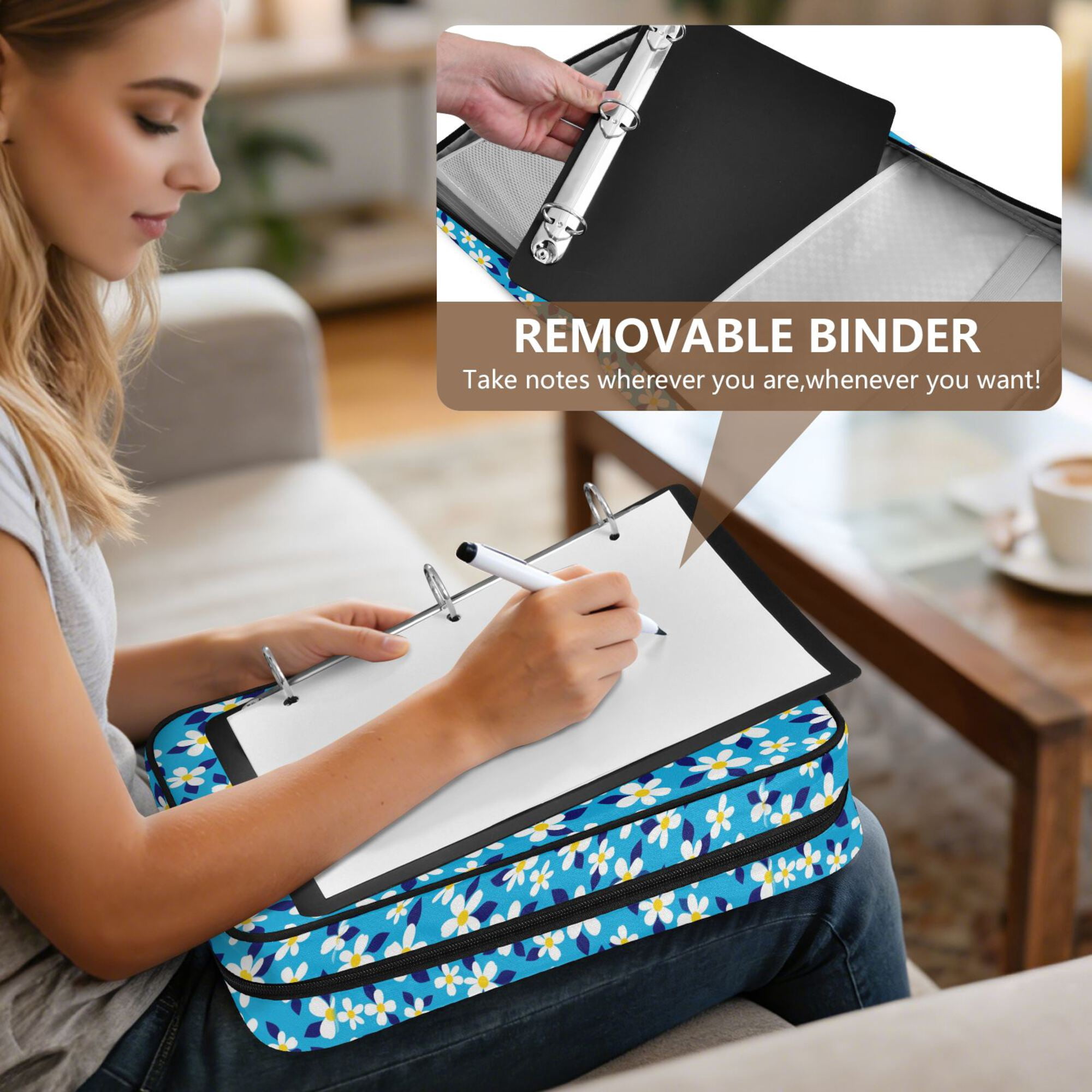 FORMRS Accordion File Folder A4 Size 7-Pocket Expanding Document Organizer Bag with 3 Ring Binder, Blue Daisy Pattern
