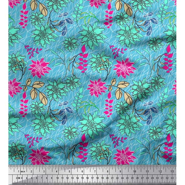 Soimoi Poly Georgette Fabric Leaves & Peony Floral Print Sewing Fabric Yard 52 Inch Wide