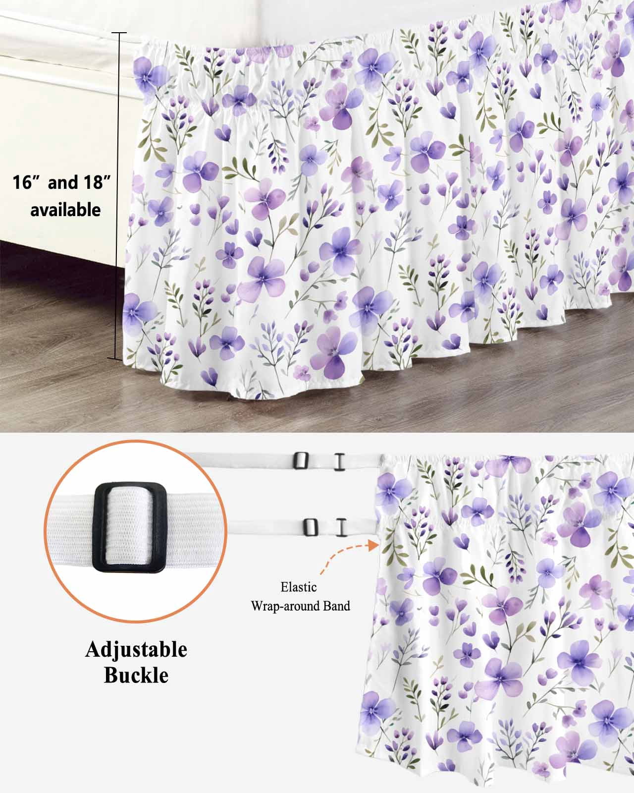 Purple Spring Floral Wrap Around Bed Skirts for Queen Bed 18" Drop,Bed Skirt with Adjustable Elastic Belt Dust Ruffle Bed Valance for Bedroom Hotel Pastoral Botanical Watercolor Bed Frame Cover