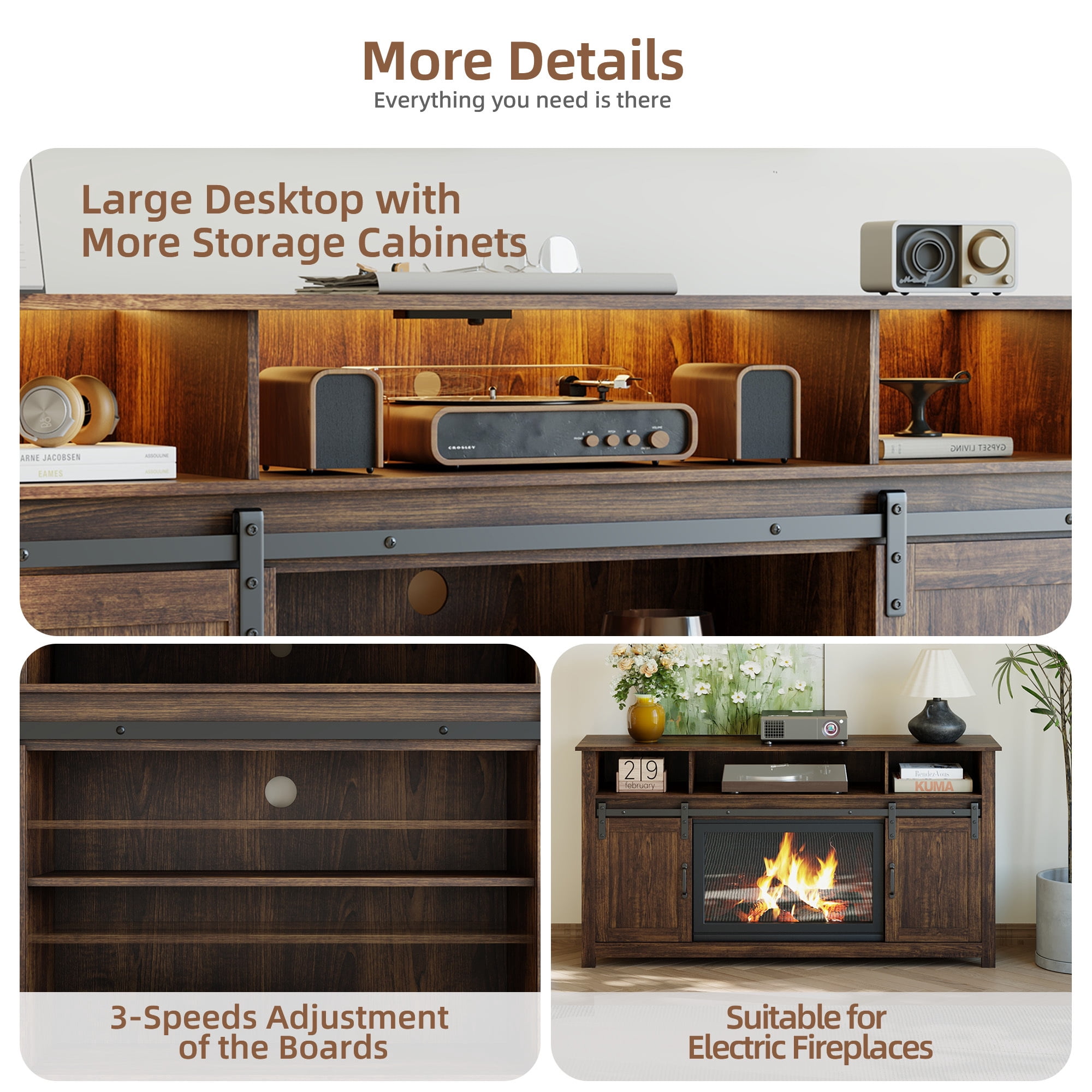 Furnibear LED Farmhouse TV Stand for 70/65/60 Inch TVs,Entertainment Center Storage Cabinets with Power Outlets and Sliding Barn Door,Rustic TV Stands for Living Room,Media Console Cabinet,Dark Brown