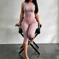 thumbnail image 2 of Comdrip Women's Striped Two Piece Loungewear Set Cropped Top And High Waist Leggings Casual Outfit Pink S, 2 of 4