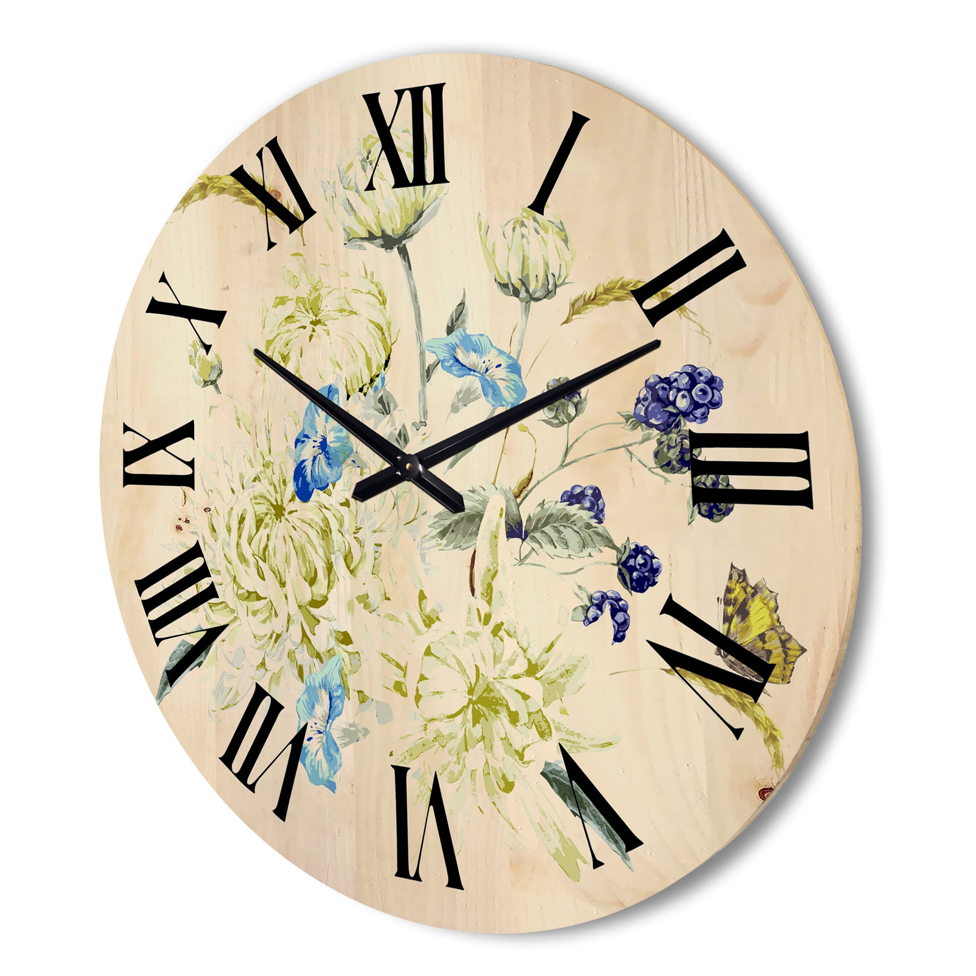 Designart 'Ancient Chrysanthemums With Bouquet II' Traditional Wood Wall Clock