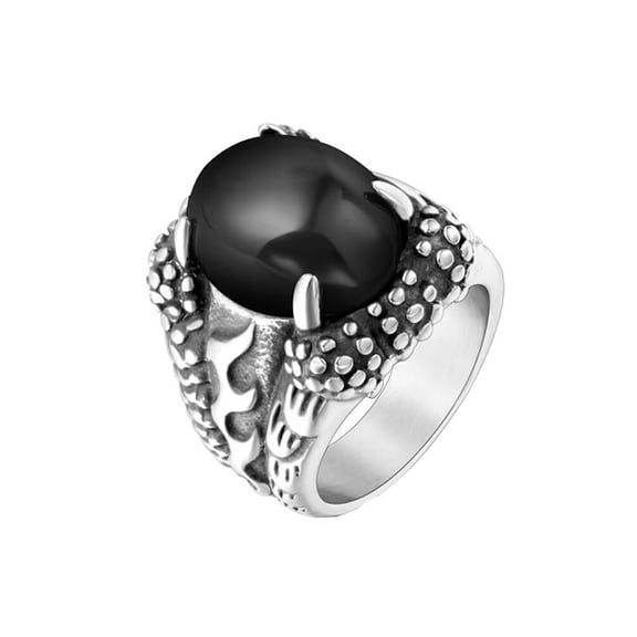 PAMTIER Men's Stainless Steel Vintage Domineering Hip Hop Dragon Claw Oval Agate Gemstone Special Pattern Carved Biker Ring Black Size 10