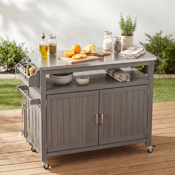 LAZZO Outdoor Grill Cart with Storage Cabinet, 43.3" Kitchen Island Station with Stainless Steel Top, Gray