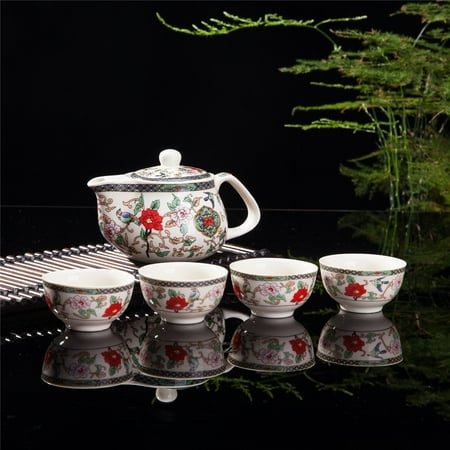 Exquisite 5 PCS Flower & Birds Design Ceramic Tea Pot Tea Cups Set In Beautiful Color Gift