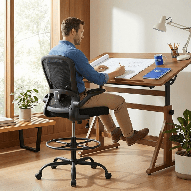 Kyspho Tall Drafting Chair with Flip-Up Armrests, Adjustable Foot Ring, Ergonomic High Office Chair with Lumbar Support, Height-Adjustable Standing Desk Chair