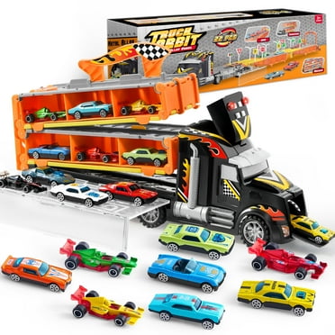 Joyfy 60" Extra Long Race Track Semi Carrier Truck for Kids, 29-in-1 12 Die-Cast Metal Car Toy Play Vehicle with Lights & Sounds, Great Christmas Birthday Gift for Boy 2 