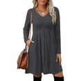 thumbnail image 3 of Women's Dress Long Sleeve V-Neck High Waist Elastic Ribbed Striped with Pocket Midi Dress for Spring Fall Casual,Gray,M, 3 of 7