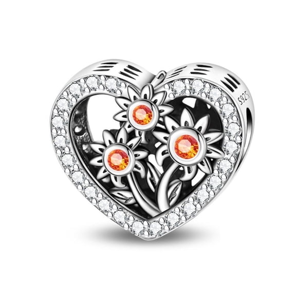 KUNSIR 925 Sterling Silver Charm AAA CZ Heart Sunflower Bead For Bracelets Charm