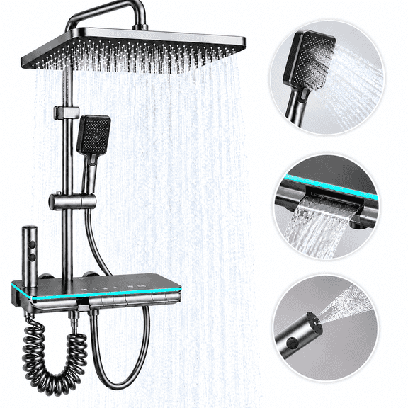 INSMART 12 Inch Rainfall Shower Combo, High Pressure Rain Head, Piano Key 4 Outlets, Water Powered Display, Air Injection Anti Splash Handheld Sprayer