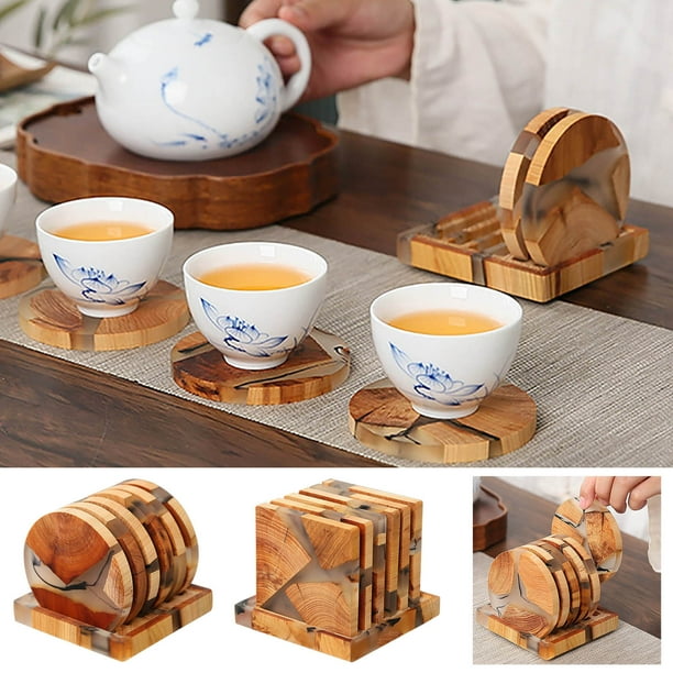 Xihbxyly Posavasos de Resina de Madera, Diseño Circular Único, Práctico Soporte Incluido, Protección Contra Arañazos y Manchas, Ideal para Cocina, Sala de Estar, Bar, Elegante Idea de Regalo, Juego d