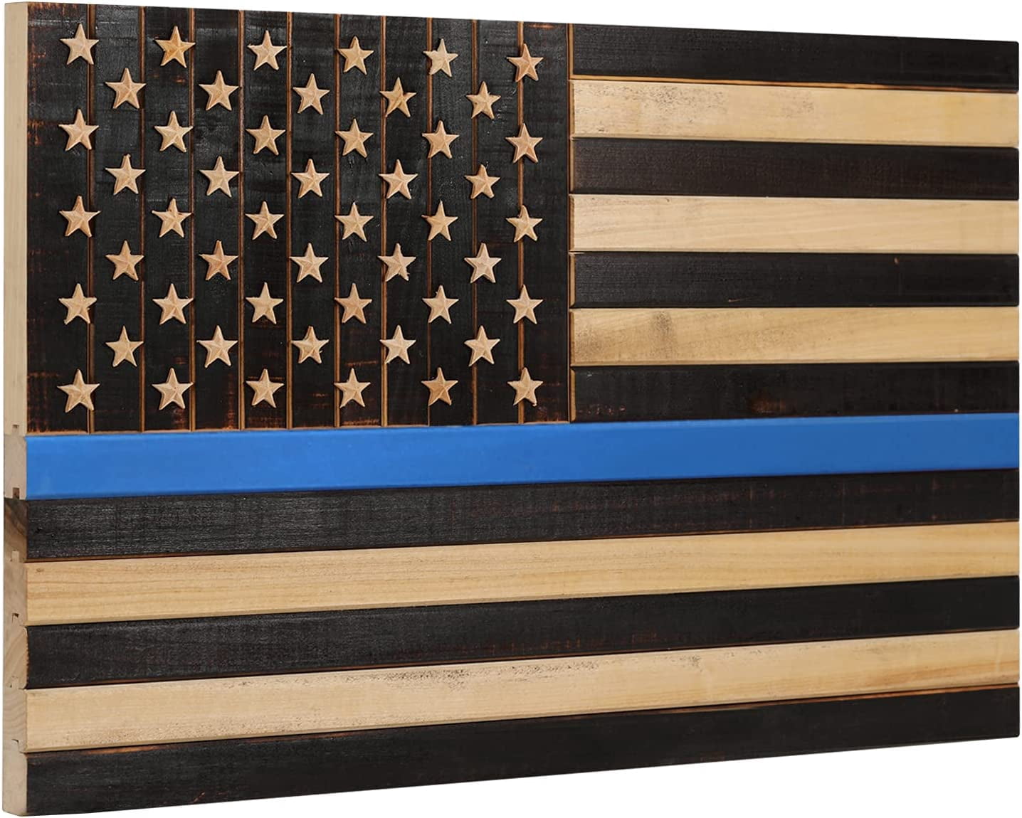 CONSDAN Wooden American Flag Wall Decor, Handcrafted Wall Art, USA Grown Hardwood, Rustic Wood Wall Flags, American Flag Wall Art, American Flag Decor | Thin Blue Line, 37"x19.5"