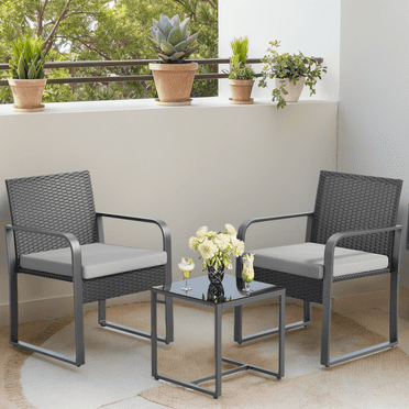Patio Furntiure Set of 2 with Wicker Chairs and Tempered Glass Coffee Table for Outdoor in Gray