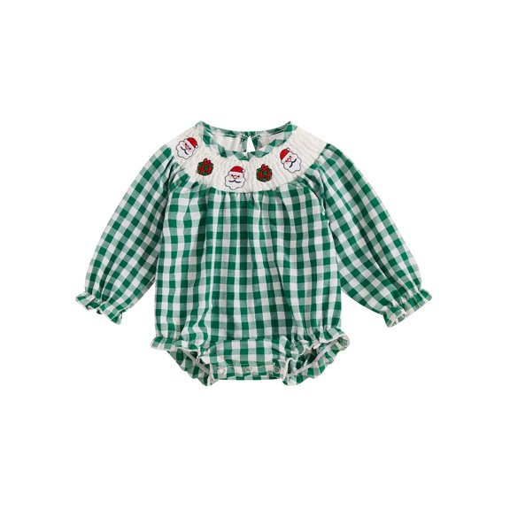ZINTAOZT Toddler Baby Girl Christmas Plaid Smocked Romper Long Sleeve Embroidery Bubble Jumpsuit Bodysuit Xmas Clothes