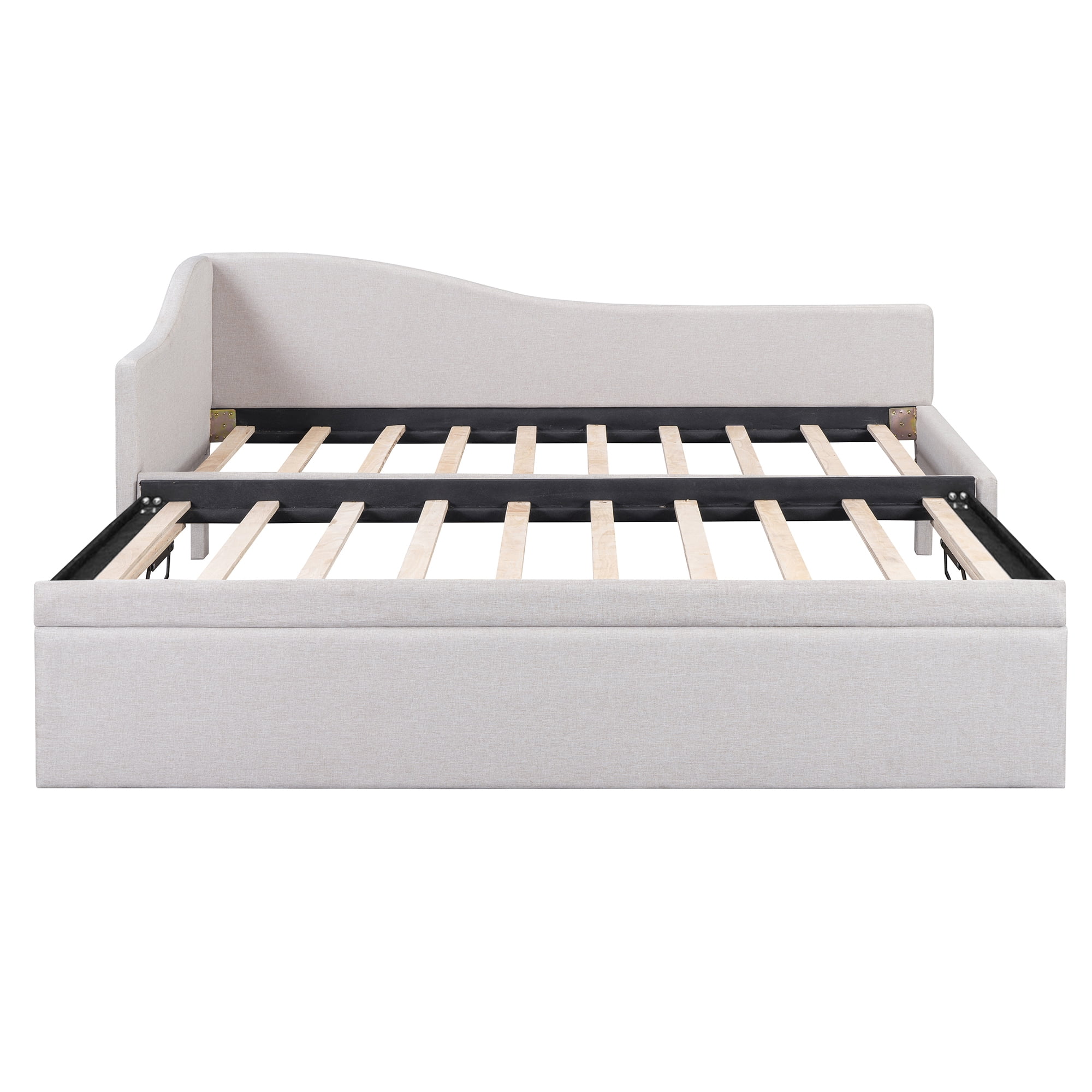 Aukfa Twin Daybed with Pop-Up Trundle, Linen Upholstered Twin-to-King Bed Frame, Space-Saving Guest Bed for Living Room, Bedroom, Kids Room, Light Gray