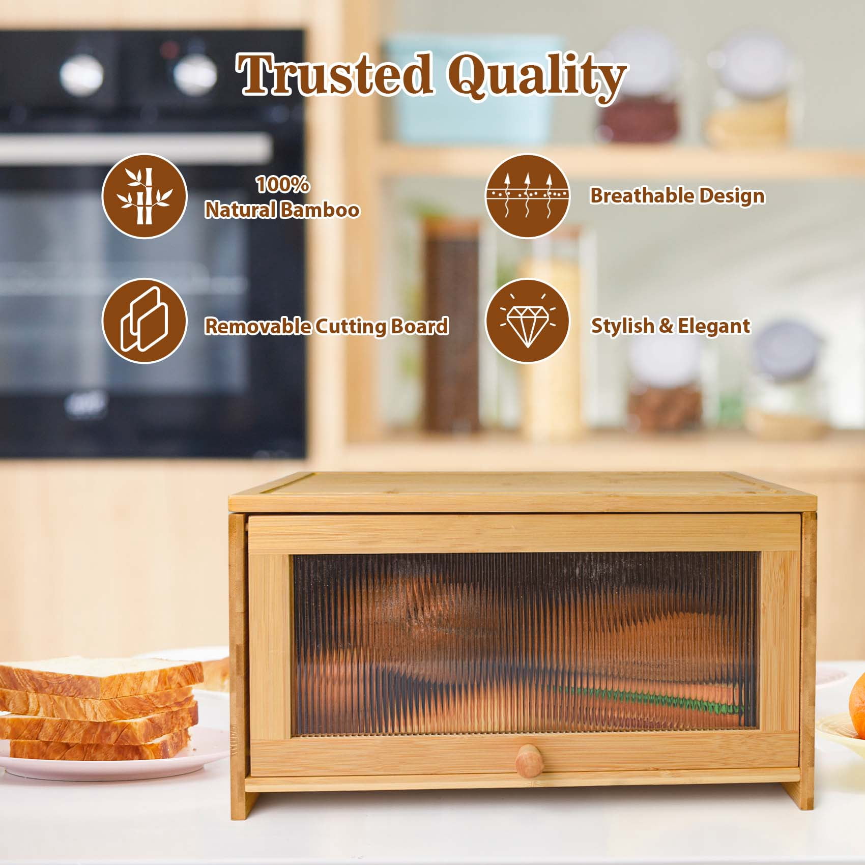thovorrnl Bread Box for Kitchen Countertop with Removable Cutting Board, Farmhouse Bamboo Bread Storage Container, 15.7” x 9.8” x9.2”