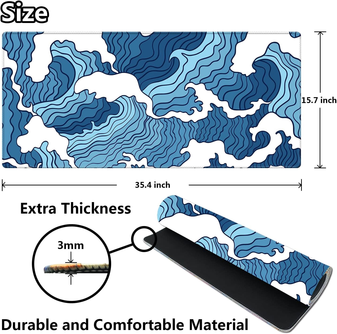 Blue Wave Large Gaming Mouse Pad (35.4×15.7 in, 3mm Thick), Non-Slip Rubber Base and Reinforced Lock Edges, XXL Extended Mousepad for Work, Game, Desk mat, Desktop Decoration