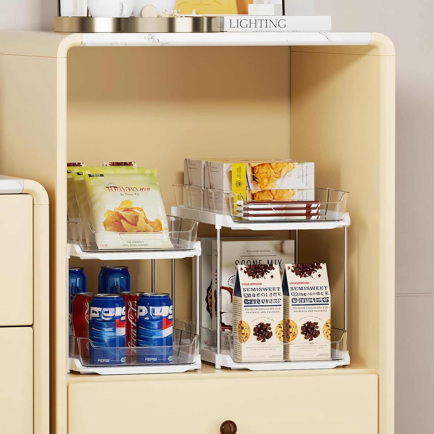 3 Pack 2-Tier Bathroom Under Sink Organizers and Storage, Multi-Purpose Stackable Pantry Organization and Storage, Pull Out Clear Kitchen Bathroom Cabinet Organizer with Movable Dividers, White