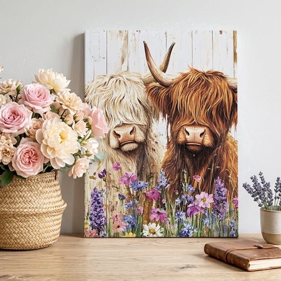 Canvas Wall Art Highland Canvas Art Print Flowers Rustic Farmhouse Pictures Wall Decor for Living Room Bedroom Artwork Decorations Stretched Framed Ready to Hang 12"x16"
