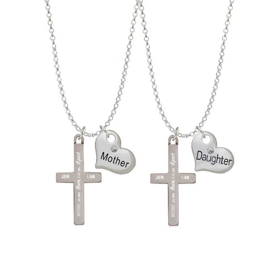 Delight Jewelry Stainless Steel Jeremiah 1:56 - I Set You Apart Engraved Cross - Mother & Daughter Heart Necklaces (Set of 2), 19" 2"
