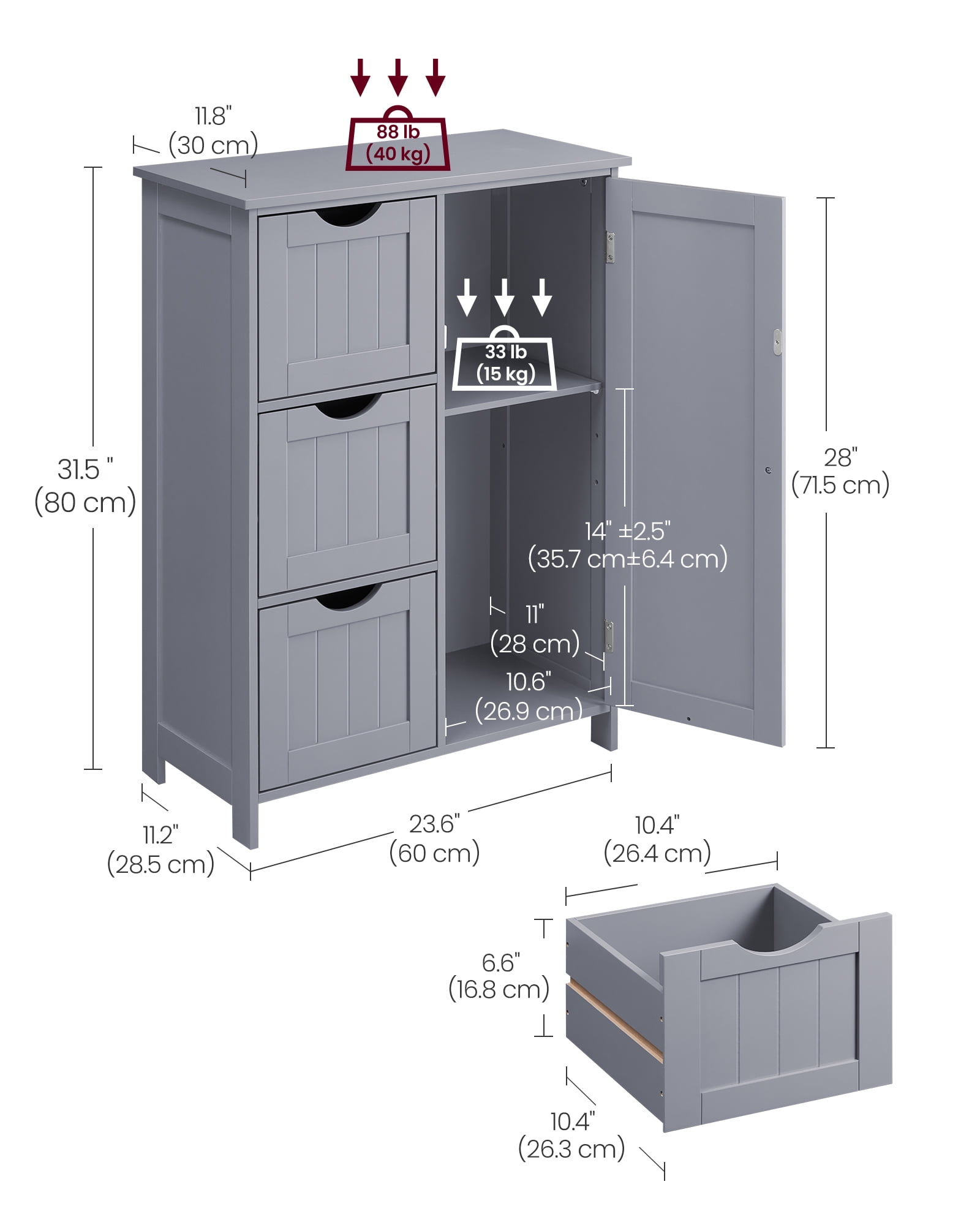 Floor Storage Cabinet, Freestanding Storage Unit with 3 Drawers, 1 Adjustable Shelf, Dove Gray