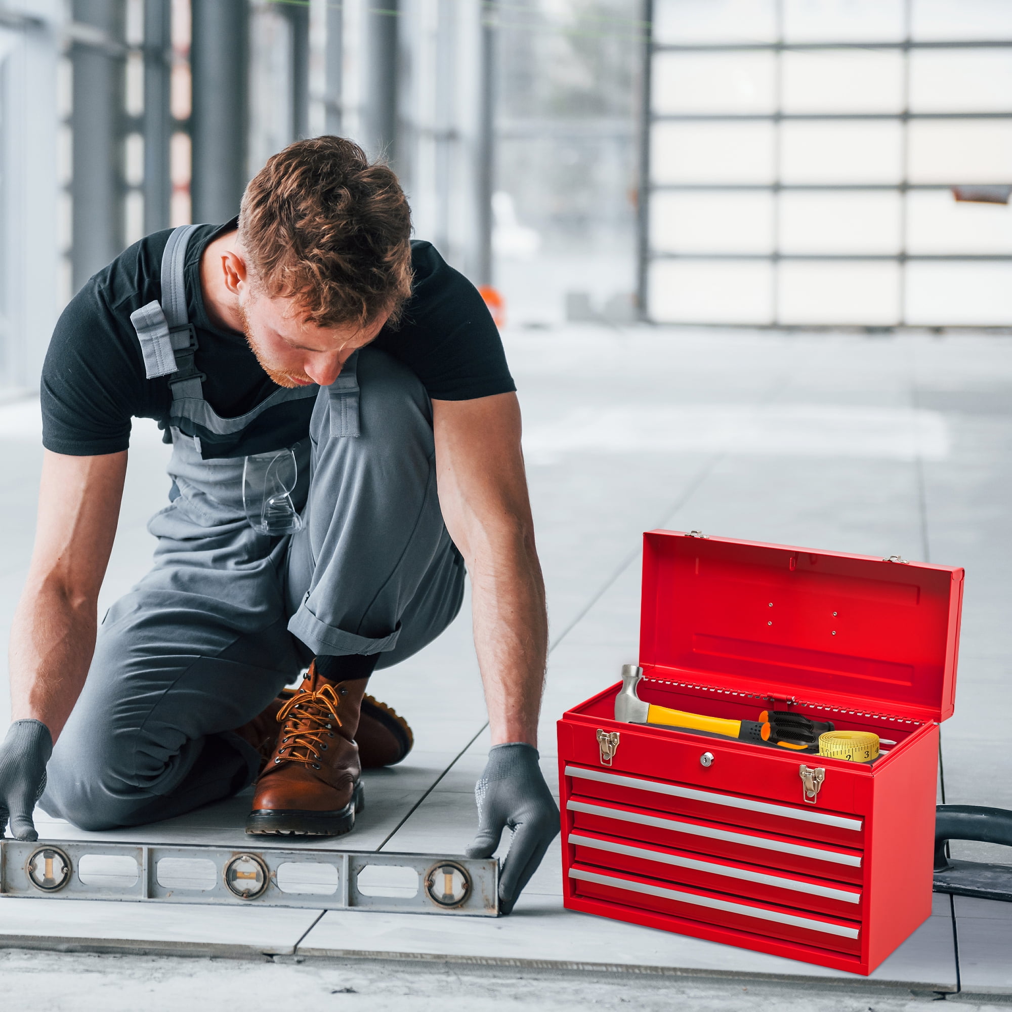 4-Drawer Heavy-Duty Steel Tool Chest, Portable Tool Box with Lockable Latches, Ball Bearing Slides, and Drawer Liners for Garage, Workshop, and Jobsite