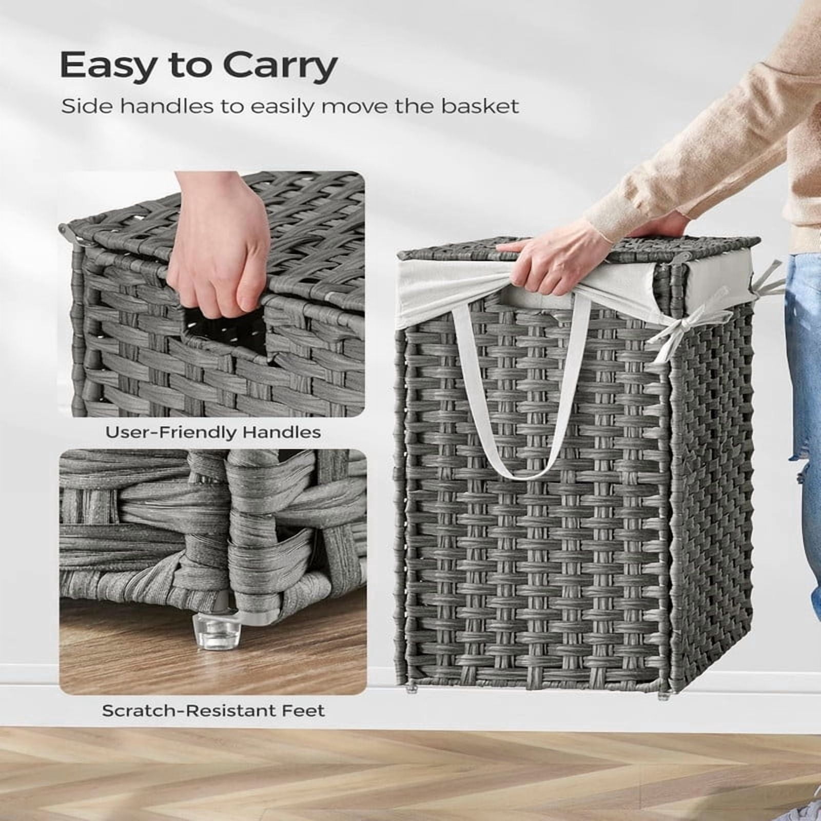 Kelno 110L Laundry Basket with Lid Foldable Rattan Clothes Hamper with Removable Liner Bag, Gray