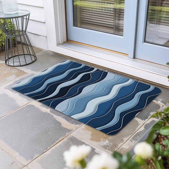 Abstract Blue Moire Door Mat Indoor Outdoor,Gradient Coastal Ocean Geometric Waves Non Slip Welcome Mat with Rubber Backing,Absorbent Fabric Front Door Mats Entryway Rug for Home Entrance 16"x24"
