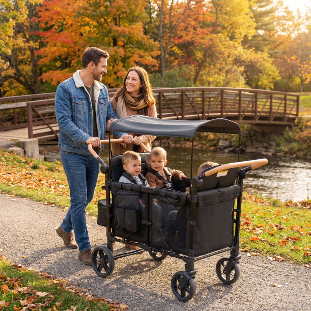 Collapsible Wagon Stroller, Wagon Stroller for 4 Kids with All Wheels Shock-Absorbing,5 Point Harness,Removable Canopy & Storage Bag for Outdoor